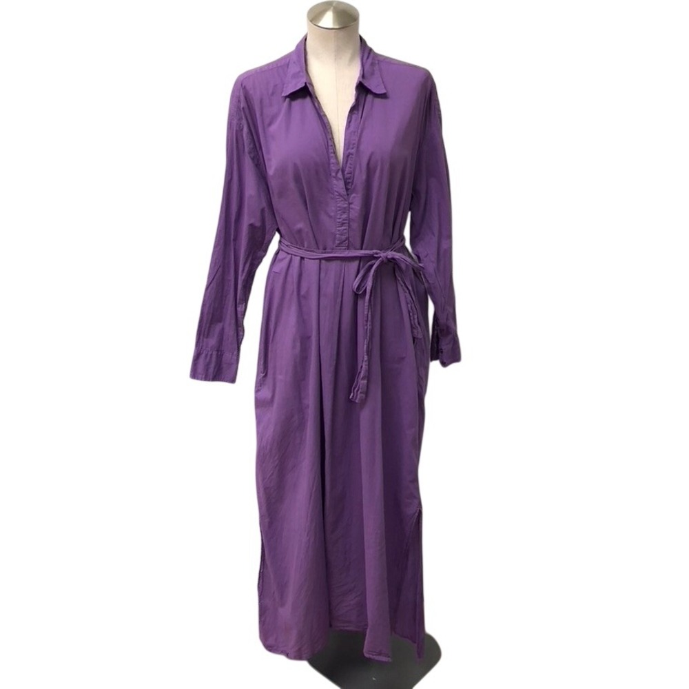 Xirena Maxi Shirtdress Womens Large Purple Cotton Long Sleeve Belted Pockets